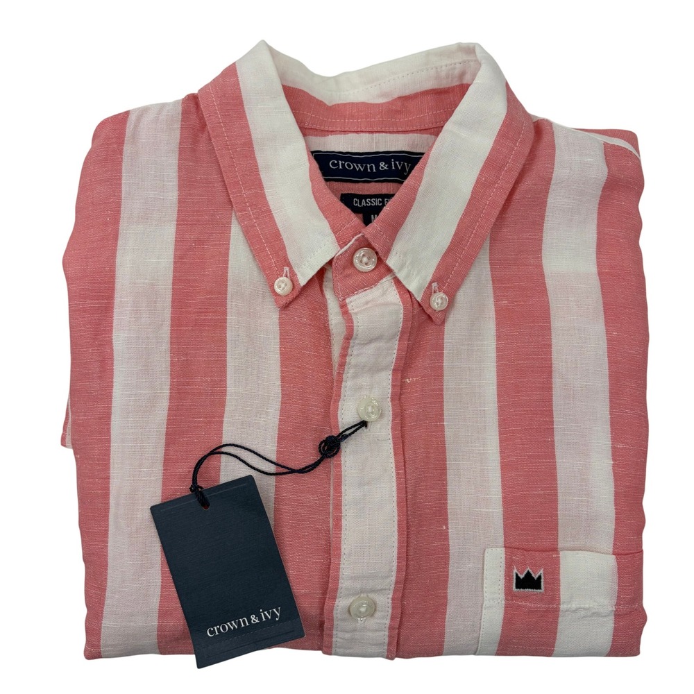 Crown & Ivy Button Down Shirt Striped Coral Mens Medium NEW NWT